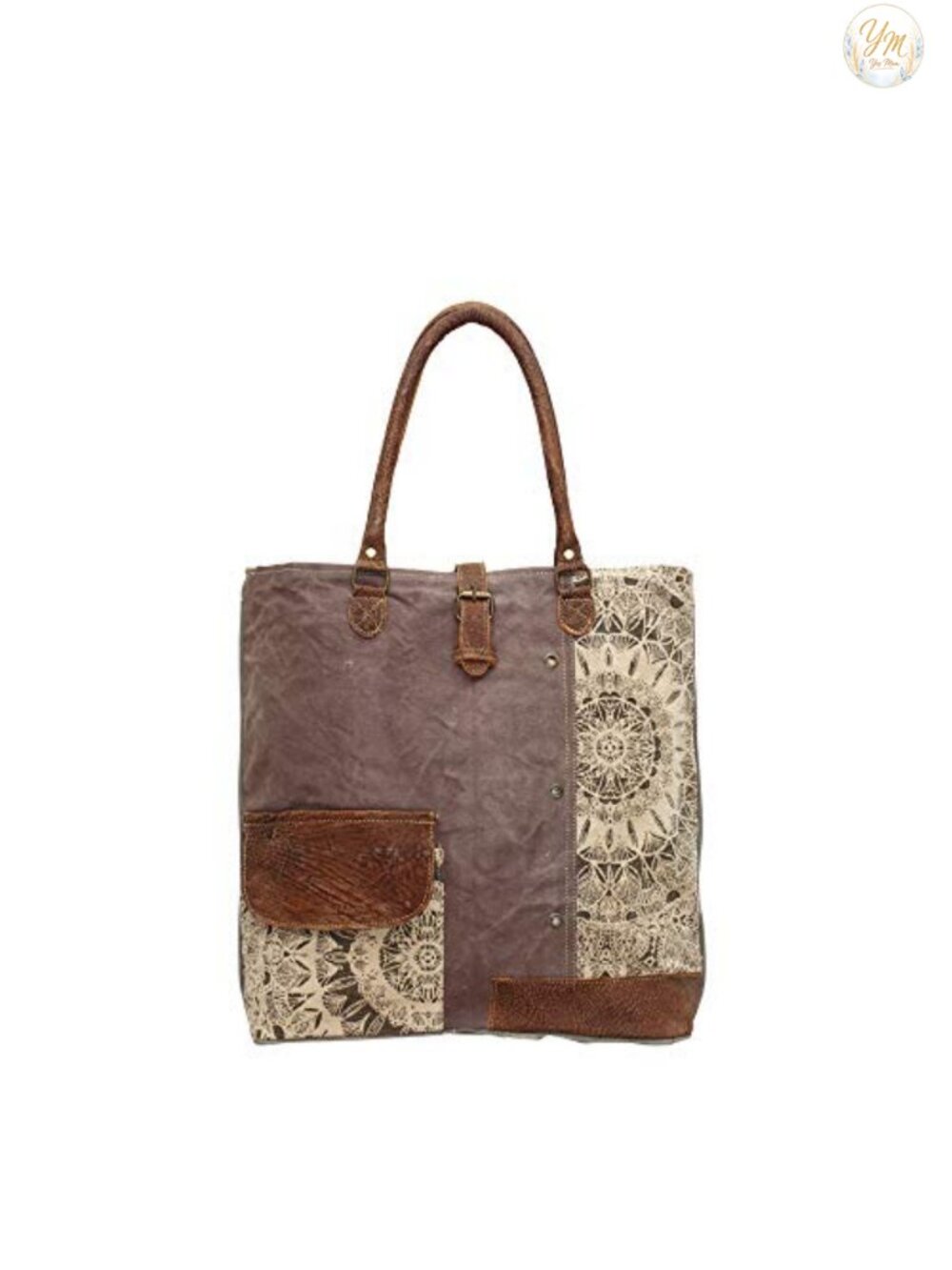 Canvas Boho Purse with Buffalo Leather Strap | Geometric Pattern Tote